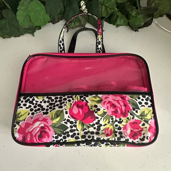 Modella Handbags - Modella Floral & Polka Dot Cosmetic Travel Bag With Clear Panel & Zipper Closure